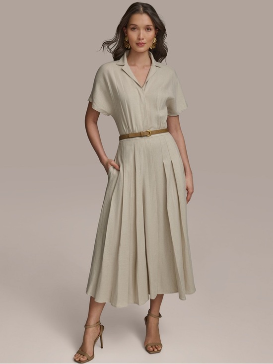 Donna Karan Dresses & Skirts - Donna Karan Midi Short Sleeve Belted Shirtdress Neutral Pleated
